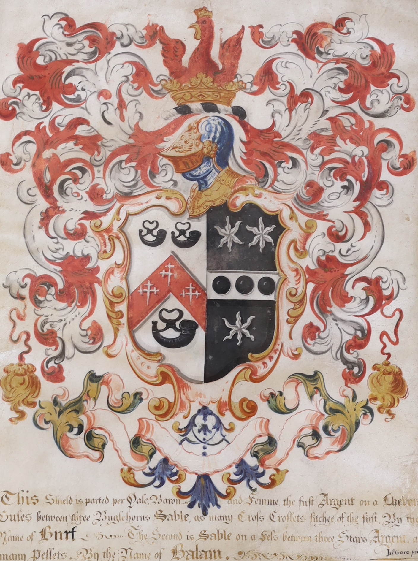Jno. Gore (18th C.), illuminated parchment, Armorial for the Burt Family, signed, 32 x 24cm
